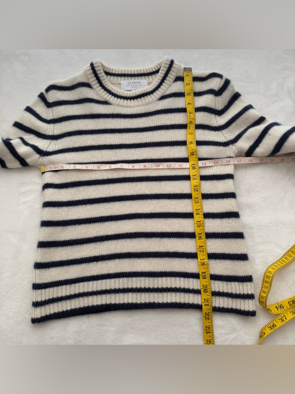 La Ligne Hardy Striped 100% Cashmere Pullover Sweater Medium Blue Cream Knit - Picture 11 of 13